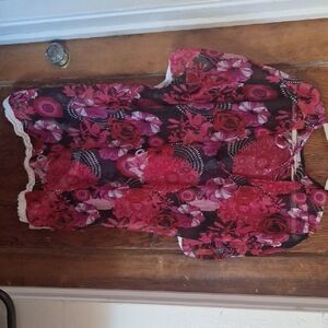 Floral Sheer Top with Lace Trim